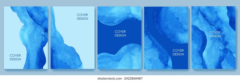 Set of vertical backgrounds. Blue, turquoise watercolor fluid painting vector design.
