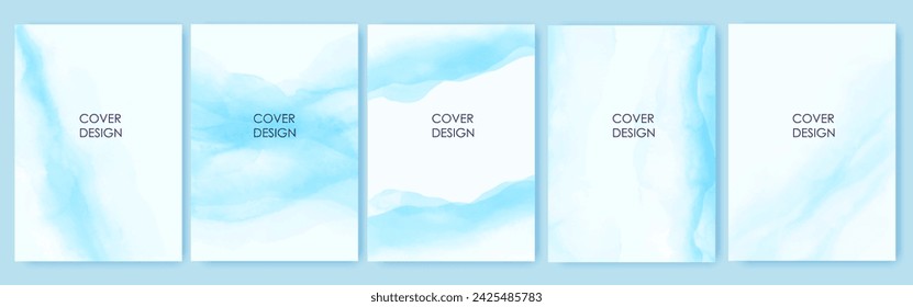 Set of vertical backgrounds. Blue, turquoise watercolor fluid painting vector design.
