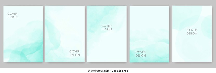 Set of vertical backgrounds. Blue, turquoise watercolor fluid painting vector design. Dusty pastel, neutral  marble. Abstract sea, montains, landscape art.