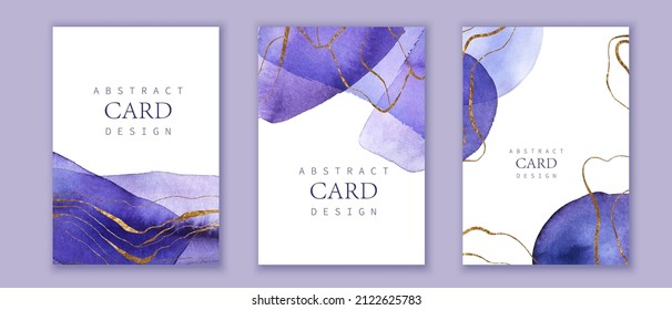 Set of vertical backgrounds. Blue, violet watercolor fluid painting vector design. Golden shiny lines. Abstract sea, montains, landscape art with gold waves. very pery color of the year.