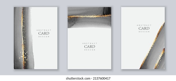 Set of vertical backgrounds, business cards, covers. Monochrome, black, white, grey watercolor texture with golden lines.  Hand dpainted brush strokes, textures.