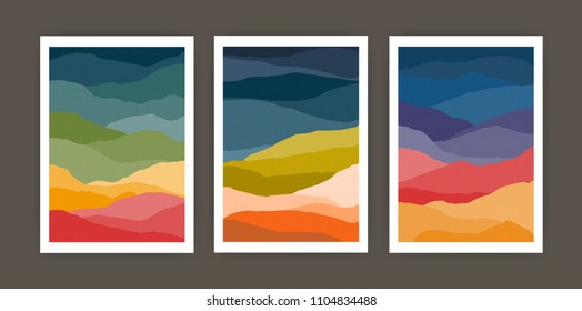 Set of vertical backgrounds or card templates with abstract waves or hills of warm vivid colors. Bundle of bright colored backdrops with curves or layers. Vector illustration in modern art style