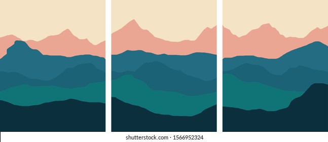 Set of vertical backgrounds or card templates with abstract mountains or hills of blue vivid colors. Bundle of minimal landscape backdrops. Vector illustration in modern art style