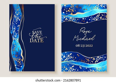 Set of vertical backgrounds, cards. Blue, turquoise watercolor fluid painting vector design. Waves with golden lines, splatters. Chic elegant design.