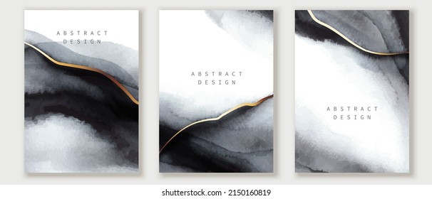 Set of vertical backgrounds, cards, covers. Monochrome, black, white, grey watercolor texture with golden lines. 