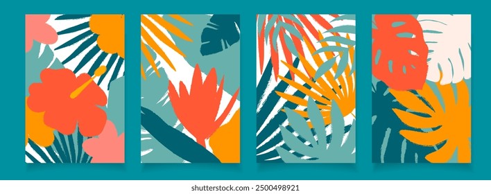 Setzen Sie vertikale Hintergründe mit Blumen, Palmen und Monstera Blätter. Raue Kanten. Handgezeichnete Illustrationen im zeitgenössischen Kunststil. Für Karte, Umschlag, Poster, Etikett. Sommerkonzept
