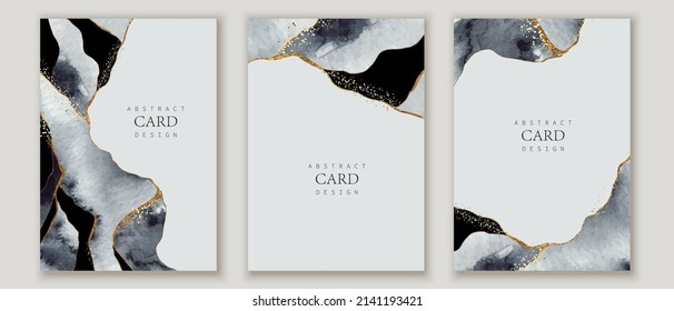 Set of vertical backgrounds. Grey grunge watercolor texture. Monochrome hand painted design with golden lines and splatters.