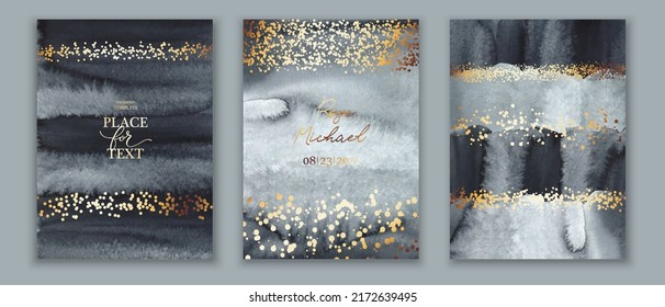 Set of vertical backgrounds. Grey grunge watercolor texture. Brush strokes, gradient. Monochrome hand painted design with golden lines and splatters.