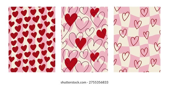 Set of vertical backgrounds with hand drawn hearts on checkered and striped backgrounds. Various romantic vector patterns. Valentine's day designs for scrapbooking, greeting cards, wrapping paper