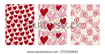 Set of vertical backgrounds with hand drawn hearts on checkered and striped backgrounds. Various romantic vector patterns. Valentine's day designs for scrapbooking, greeting cards, wrapping paper