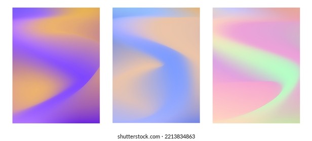 Conjunto de fondos verticales con ondas de desbordamiento holográficas modernas de neón. Gradiente abstracto líquido y banderas multicolor vibrantes desenfocadas.