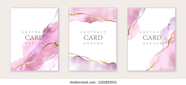 Set of vertical backgrounds. Pink, violet watercolor fluid painting vector design. Dusty pastel, neutral and golden marble. Dye elegant soft splash style. Alcohol ink imitation.