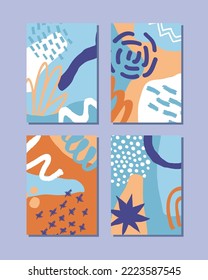 Set of vertical backgrounds with stains, textures and geometric shapes. Bright colors. Hand drawn vector pattern.