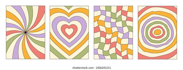 Set of vertical backgrounds in style retro 70s, 80s. Groovy hippie abstract psychedelic design. Pastel colors. Vector illustration