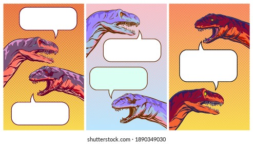 Set of vertical backgrounds with talking dinosaurs in comic style, funny illustration of social media dialogue. Clipart Vector