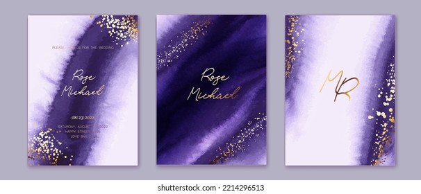 Set of vertical backgrounds. Violet, purple watercolor fluid painting vector design. Dusty pastel, neutral and golden marble. Dye elegant soft splash style. Alcohol ink imitation.