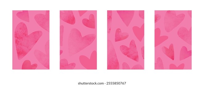 Set of vertical backgrounds with watercolor hearts. Template for covers, cards, promotional materials for Valentine's Day or wedding invitation.Vector illustration