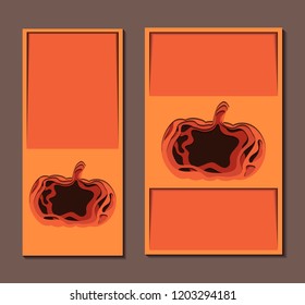Set of vertical banner with 3d festive Illustration of pumpkin cut from paper and place for text.  Thanksgiving Day. Halloween.  Vector  template for cards, invitation, banners and your creativity.