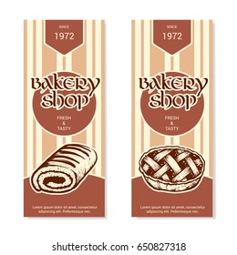 Set of vertical banner for bakery shop. Hand drawn sketch. Vector illustration isolated on a white background.