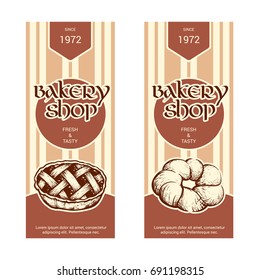 Set of vertical banner for bakery shop. Hand drawn sketch. Vector illustration isolated on a white background.