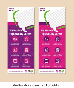 Set of vertical banner design template. diagonal bubble chat shape as space for photo and transparency pattern line. purple pink background. we provide high quality career as sample of headline.