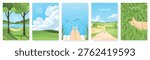 Set of vertical banner designs for the summer season in a flat grainy style, featuring human legs submerged in water, a sleeping cat in the grass, and beautiful scenic views of a summer landscape. Vector illustrations.
