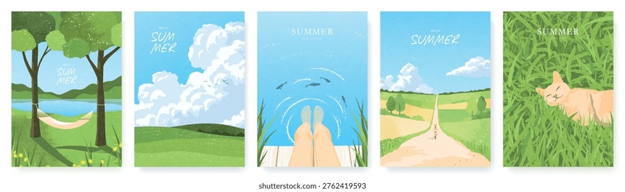 Set of vertical banner designs for the summer season in a flat grainy style, featuring human legs submerged in water, a sleeping cat in the grass, and beautiful scenic views of a summer landscape. Vector illustrations.