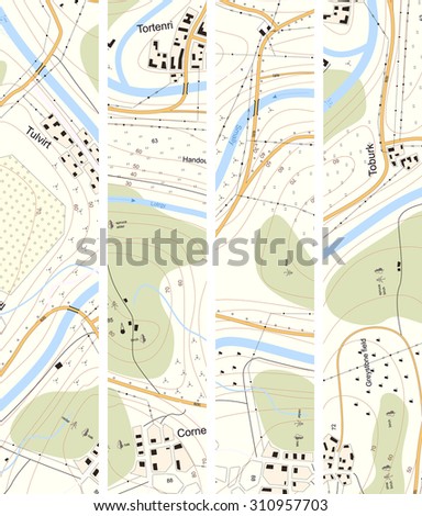 Set vertical banner of detailed topographic map of territory with rivers, forests, settlements, roads, communication lines with titles.