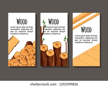 Set of vertical banner firewood materials for lumber industry. Collection of flyers wood logs stubs tree trunk branches boards - flat vector illustration