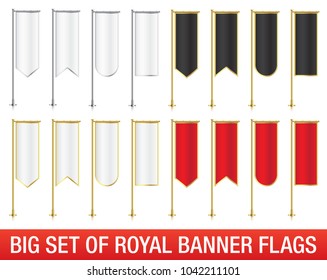 Set of vertical banner flags. Red, black and white banner flag templates isolated on background. Vertical flags realistic mockup.