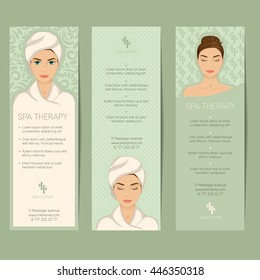 Set of vertical banner, flyer or coupon templates. Beauty care, massage, relax and spa therapy concept. With portrait of beautiful girl in bathrobe, towel on head. Vector with organized layers.