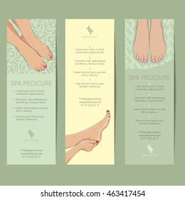 Set of vertical banner, flyer or coupon templates. Spa procedures, pedicure, manicure concept. With pictures of beautiful female feet and hand with neat nails. Vector illustration.