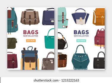Set of vertical banner, flyer or poster templates with stylish bags, backpacks and handbags of different types and place for text. Colorful vector illustration for accessory shop advertisement.
