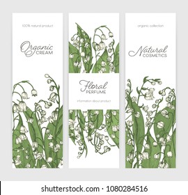 Set of vertical banner or label templates with Lily of the valley flowers hand drawn on white background. Beautiful realistic vector illustration for organic cosmetics, floral perfume advertisement