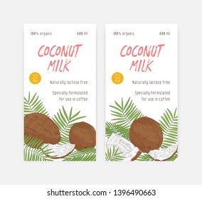 Set of vertical banner or label templates for coconut milk with coconuts and palm tree leaves. Natural fresh organic lactose free product. Realistic vector illustration for advertisement, promotion.