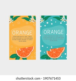 Set of vertical banner, label templates for orange fruit juice, aromatherapy or citric product with slice of grapefruit and blossom flowers and leaves. Vector illustration for advertisement, promotion