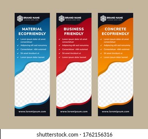 Set von vertikalem Bannerlayout für die Werbegestaltung in sozialen Netzwerken. drei Variationsfarben sind blau, rot, orange. kombiniert mit Schwarz. Bildraum unten. modernes Flüssig-Design. 