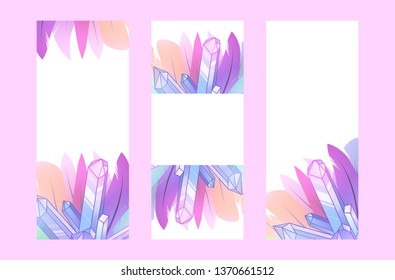 Set of vertical banner with multicolored boho feathers of birds with decoration, crystal and place for text on white background. Vector template for greeting cards, invitations and your creativity