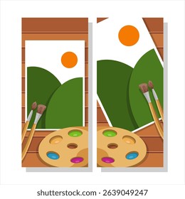 Set Vertical Banner of Nature Landscape Painting with Palette and Brushes Illustration with Flat style design