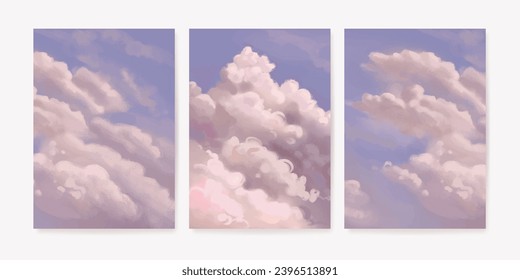 Set of vertical banner, poster, cover or greeting card with blue sky and white clouds. Beautiful watercolor sky background. Vector illustration