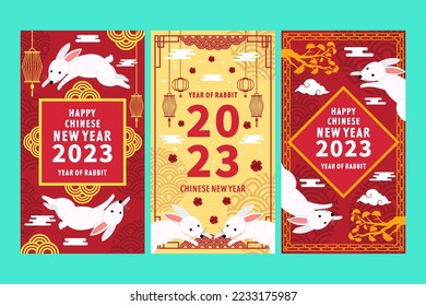 set of vertical banner poster flat design happy chinese new year 2023 year of rabbit. chinese new year vector design. chinese text translation: New Year Happiness