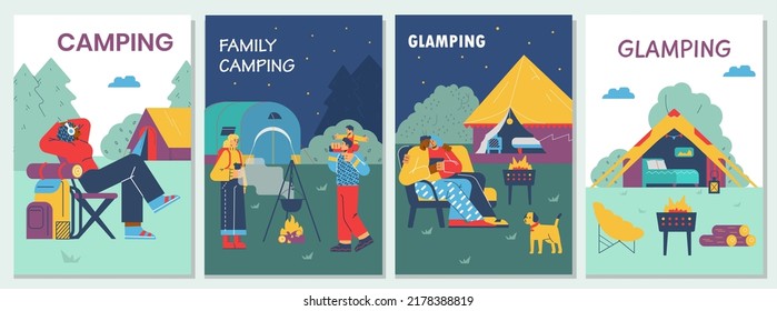 Set of vertical banner or poster templates about camping and glamping flat style, vector illustration isolated on light background. Characters, tents and nature, vacation outdoor