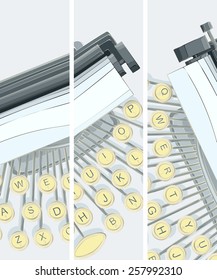 Set of vertical banner retro typewriter with keyboard and piece of paper, shadow.