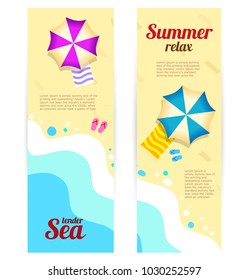 Set vertical Banner Sunny summer day, Summertime trendy vector illustration. vector background template for summer beach vacation. 