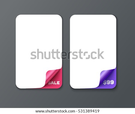 Set of vertical banner template with curl corners. Realistic vector paper with curved corner. Paper tem?late for print and web banner, flyer for sale and promo advertising text message