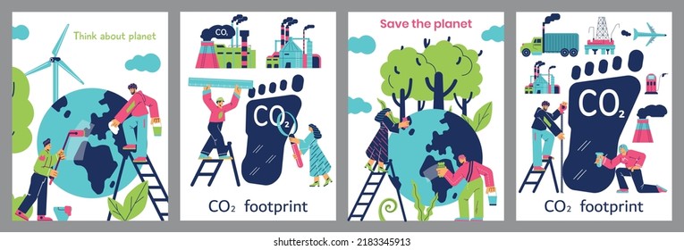 Set of vertical banner templates about carbon footprint and pollution of planet flat style, vector illustration isolated on gray background. Earth, people characters, green