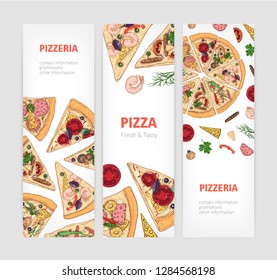 Set of vertical banner templates with appetizing classical pizza cut into slices and place for text. Vector illustration for pizzeria or Italian restaurant advertisement, food delivery promotion.