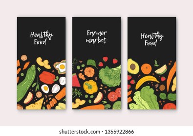 Set of vertical banner templates with healthy food, fresh delicious ripe fruits and vegetables on black background. Hand drawn realistic vector illustration for farmers market advertisement, promo.