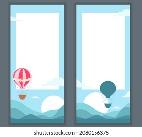Set of vertical banner with vintage hot air balloon in the sky, sunrise and hills and place for text. Card with aerostat and copy space. Vector template with balloons and lands