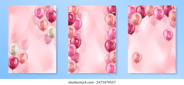 Set of vertical banners with 3d realistic pink glossy balloons and confetti ribbons decoration with blank space for greeting text. Posters design for birthday, celebration party, invitation, wedding